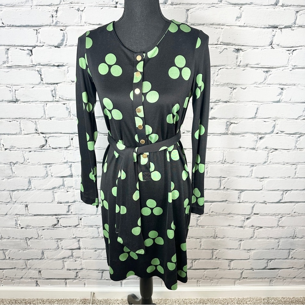 Diane Von Furstenberg Shift Dress 100% Silk Alame Sz 4 Green and Black Polka Dot